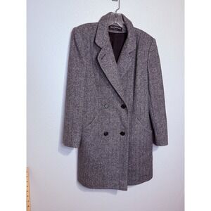 Vintage 70s ALORNA Wool Blend Herringbone Coat Gray Double Breasted USA Made